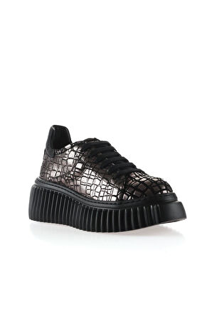 Bueno Shoes Gri Siyah Deri Kadın Dolgu Topuklu Ayakkabı 01wt4601