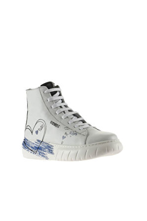 Bueno Shoes Beyaz Siyah Deri Kadın Baskılı Spor Bot 01wu1300