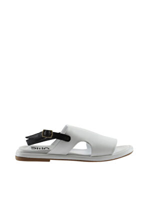 Bueno Shoes Beyaz Siyah Deri Kadın Düz Sandalet 01wu4108