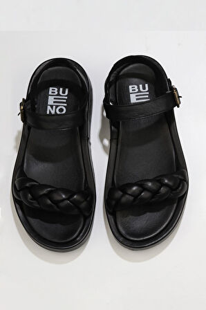 Bueno Shoes Siyah Deri Kadın Dolgu Topuklu Sandalet 01wu4641