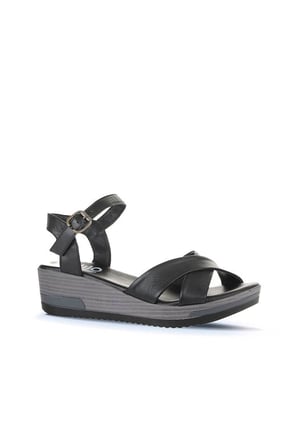 Bueno Shoes Siyah Deri Kadın Dolgu Topuklu Sandalet 01wl3303