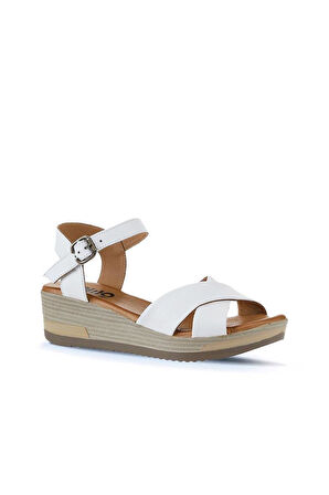 Bueno Shoes Beyaz Deri Kadın Dolgu Topuklu Sandalet 01wl3303