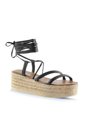 Bueno Shoes Siyah Khv-bej Deri Kadın Dolgu Topuklu Sandalet 01wu6100