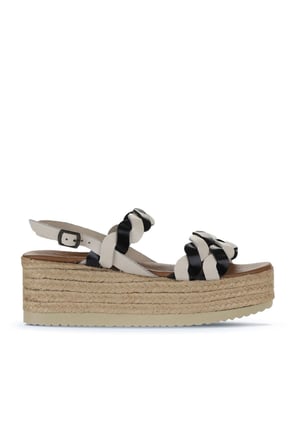 Bueno Shoes Siyah Bej Parlak Deri Kadın Dolgu Topuklu Sandalet 01wu6119
