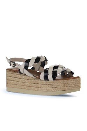 Bueno Shoes Siyah Bej Parlak Deri Kadın Dolgu Topuklu Sandalet 01wu6119