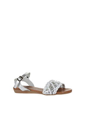 Bueno Shoes Beyaz Gümüş Parlak Deri Kadın Düz Sandalet 01wu7449