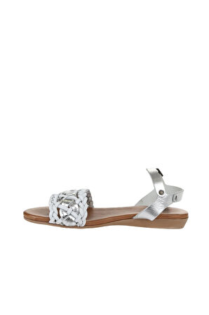Bueno Shoes Beyaz Gümüş Parlak Deri Kadın Düz Sandalet 01wu7449