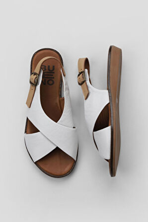 Bueno Shoes Beyaz Bej Deri Kadın Düz Sandalet 01wu8213