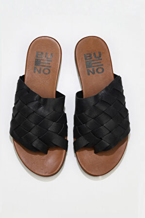 Bueno Shoes Siyah Deri Kadın Parmak Arası Terlik 01wq0501