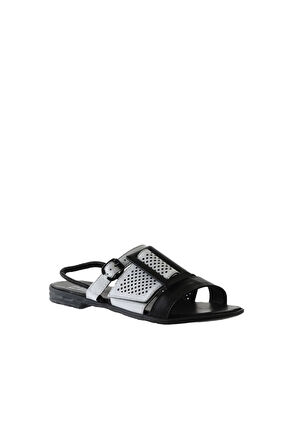 Bueno Shoes Siyah Beyaz Deri Kadın Sandalet 01wu3010