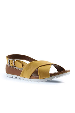 Bueno Shoes Sarı Deri Kadın Dolgu Topuklu Sandalet 01wj0800