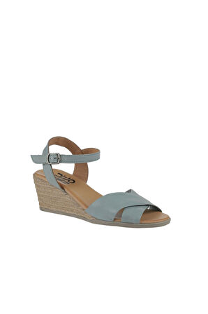 Bueno Shoes Turkuaz Deri Kadın Dolgu Topuklu Sandalet 01ws11100