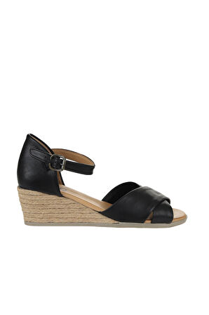 Bueno Shoes Siyah Deri Kadın Dolgu Topuklu Sandalet 01ws11102