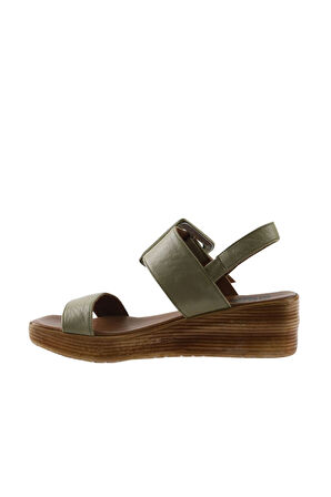 Bueno Shoes Haki Deri Kadın Dolgu Topuklu Sandalet 01ws5908