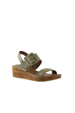 Bueno Shoes Haki Deri Kadın Dolgu Topuklu Sandalet 01ws5908