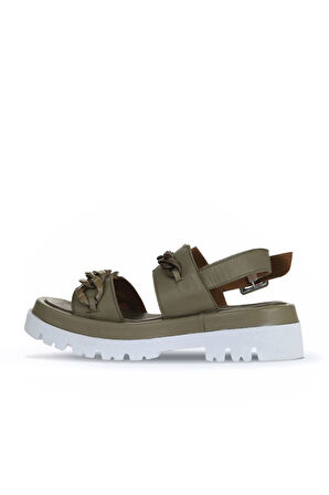 Bueno Shoes Haki Deri Kadın Dolgu Topuklu Sandalet 01wu7300