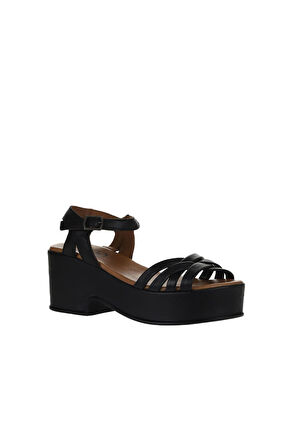 Bueno Shoes Siyah Khv Deri Kadın Dolgu Topuklu Sandalet 01wu8100