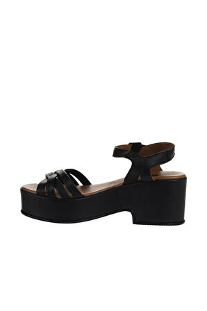 Bueno Shoes Siyah Khv Deri Kadın Dolgu Topuklu Sandalet 01wu8100