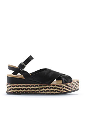 Bueno Shoes Siyah Sole Deri Kadın Dolgu Topuklu Sandalet 01wq5901
