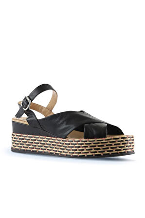 Bueno Shoes Siyah Sole Deri Kadın Dolgu Topuklu Sandalet 01wq5901