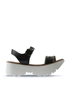 Bueno Shoes Siyah Deri Kadın Dolgu Topuklu Sandalet 01ws7700