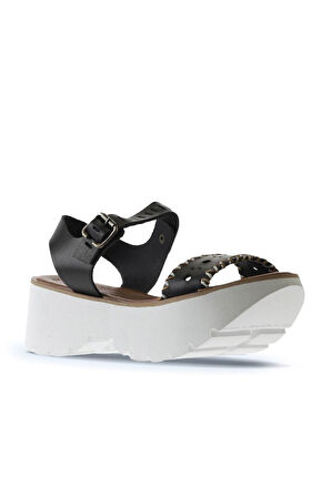 Bueno Shoes Siyah Deri Kadın Dolgu Topuklu Sandalet 01ws7700