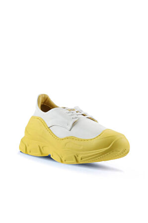 Bueno Shoes Beyaz Sarı Deri Kadın Dolgu Topuklu Spor Ayakkabı 01wu10900