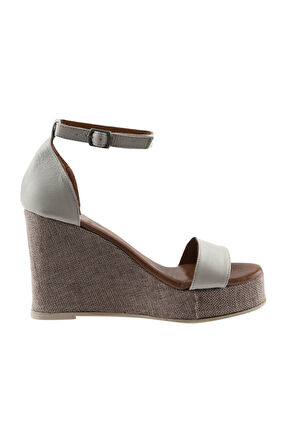 Bueno Shoes Gri Deri Kadın Dolgu Topuklu Sandalet 01wu7200
