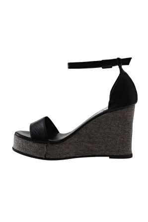 Bueno Shoes Siyah Deri Kadın Dolgu Topuklu Sandalet 01wu7200