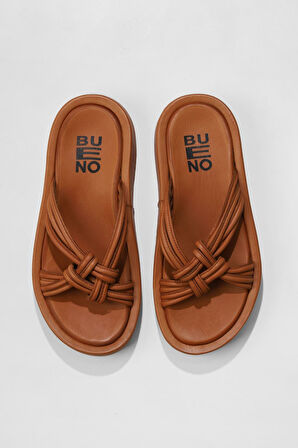 Bueno Shoes Taba Deri Kadın Dolgu Topuklu Terlik 01wu4602