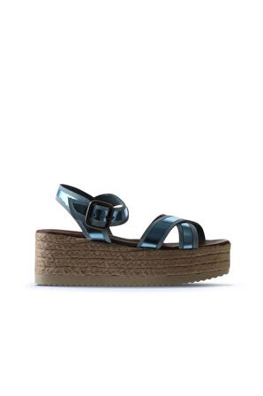 Bueno Shoes Mavi Parlak Deri Kadın Dolgu Topuklu Sandalet 01wu6116