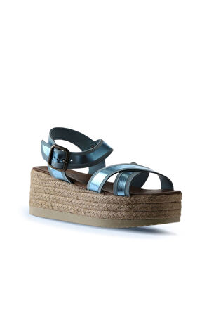 Bueno Shoes Mavi Parlak Deri Kadın Dolgu Topuklu Sandalet 01wu6116