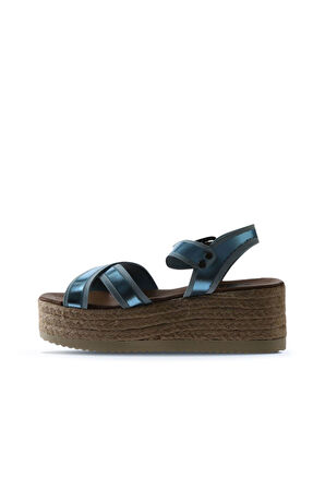 Bueno Shoes Mavi Parlak Deri Kadın Dolgu Topuklu Sandalet 01wu6116