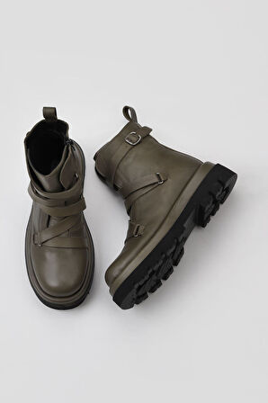 Bueno Shoes Haki Haki Deri Kadın Düz Bot 01wv1009