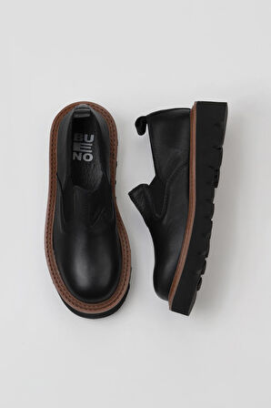 Bueno Shoes Siyah Deri Kadın Dolgu Topuklu Ayakkabı 01wv10207