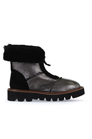 Bueno Shoes Kurşun Siyah Deri Kadın Düz Bot 01wv10204