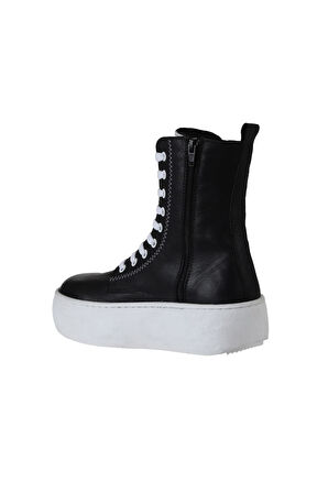 Bueno Shoes Siyah Beyaz Deri Kadın Dolgu Topuklu Bot 01wv5500