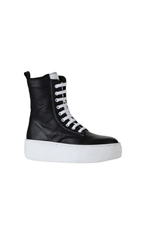 Bueno Shoes Siyah Beyaz Deri Kadın Dolgu Topuklu Bot 01wv5500