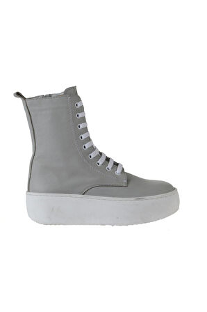 Bueno Shoes Gri Beyaz Deri Kadın Dolgu Topuklu Bot 01wv5500