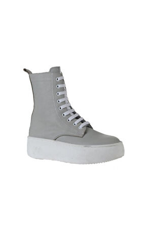 Bueno Shoes Gri Beyaz Deri Kadın Dolgu Topuklu Bot 01wv5500