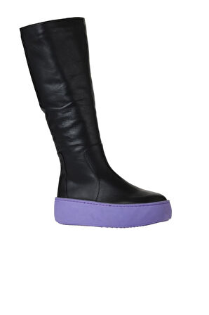 Bueno Shoes Siyah Mor Deri Kadın Dolgu Topuklu Çizme 01wv5508