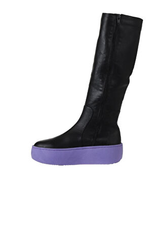 Bueno Shoes Siyah Mor Deri Kadın Dolgu Topuklu Çizme 01wv5508