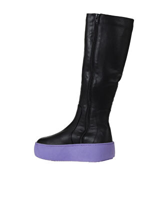 Bueno Shoes Siyah Mor Deri Kadın Dolgu Topuklu Çizme 01wv5508