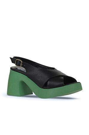 Bueno Shoes Siyah Koyu Yeşil Deri Kadın Dolgu Topuklu Ayakkabı 01wy12202