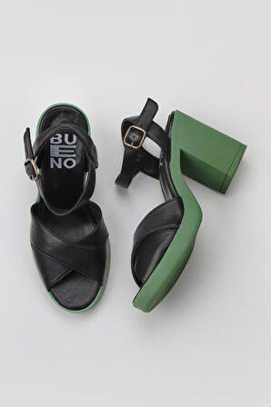 Bueno Shoes Siyah Koyu Yeşil Deri Kadın Topuklu Sandalet 01wy12301