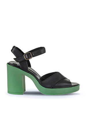 Bueno Shoes Siyah Koyu Yeşil Deri Kadın Topuklu Sandalet 01wy12301