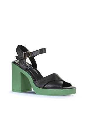 Bueno Shoes Siyah Koyu Yeşil Deri Kadın Topuklu Sandalet 01wy12301