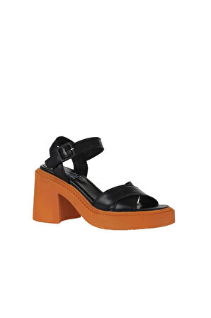 Bueno Shoes Siyah Turuncu Deri Kadın Topuklu Sandalet 01wy12704