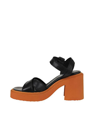 Bueno Shoes Siyah Turuncu Deri Kadın Topuklu Sandalet 01wy12704