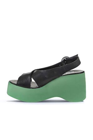 Bueno Shoes Siyah Koyu Yeşil Deri Kadın Dolgu Topuklu Sandalet 01wy9007